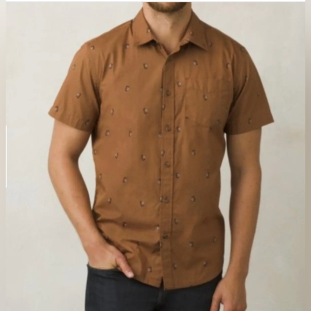 Prana Organic Cotton Medium Broderick Button Down Brown Carabineer Print Men's